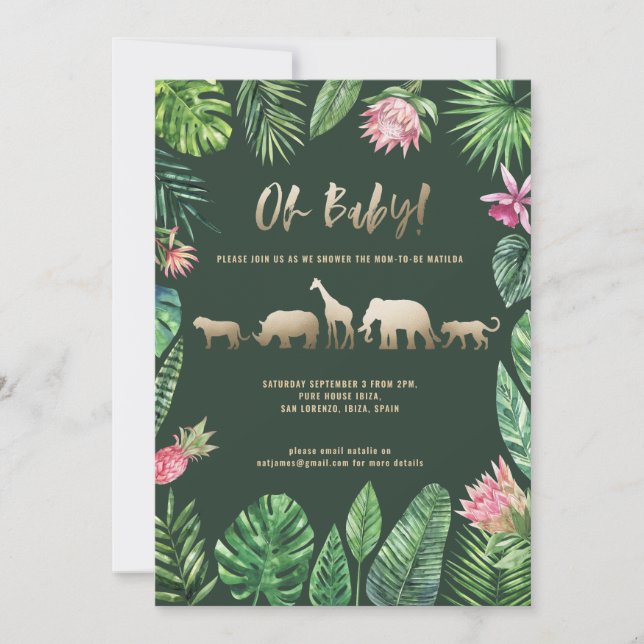 Tropical foliage and gold animals baby shower (Front)