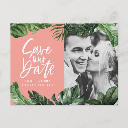 Tropical foliage and hand lettering photo wedding postcard