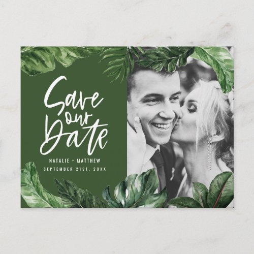 Tropical foliage and hand lettering photo wedding postcard
