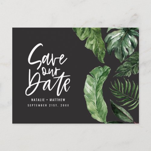 Tropical foliage and hand lettering wedding postcard