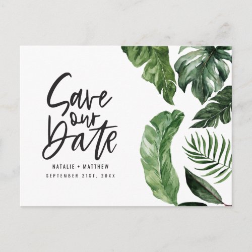 Tropical foliage and hand lettering wedding postcard