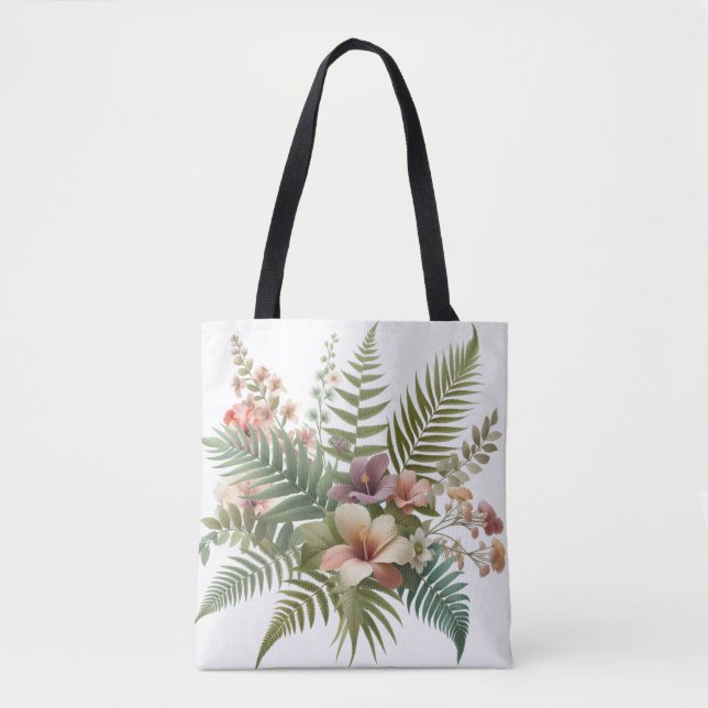Tropical Foliage and Hibiscus Floral Tote Bag (Front)