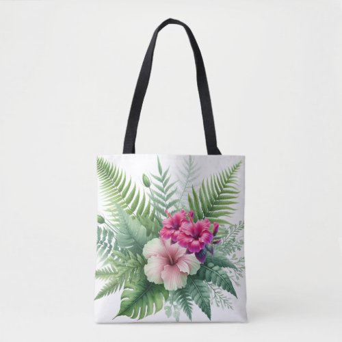 Tropical Foliage and Hibiscus Flowers Tote Bag