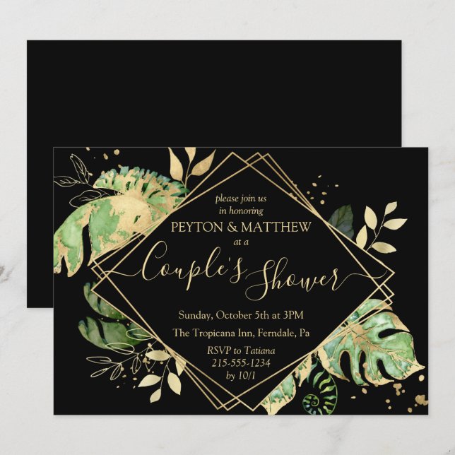 Tropical Foliage Black & Gold Couple's Shower Invitation (Front/Back)