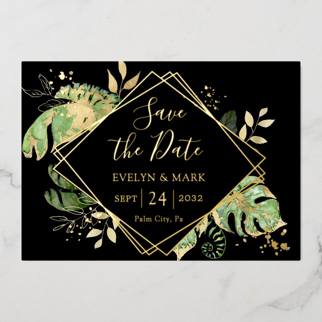 Tropical Foliage Black & Gold Foil Save the Date Invitation (Front)