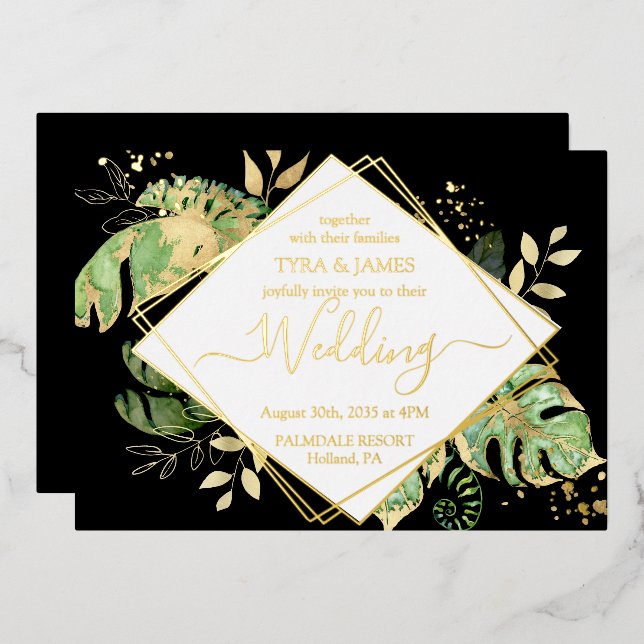 Tropical Foliage Black & Gold Geometric Wedding Foil Invitation (Front/Back)