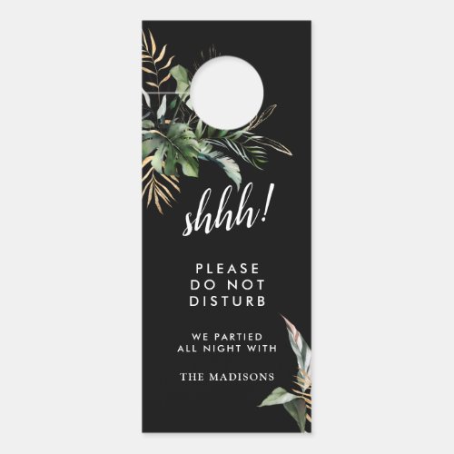 Tropical Foliage Black Wedding Do Not Disturb Door Hanger