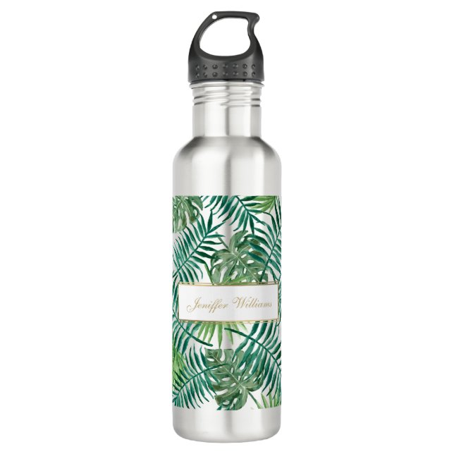 Tropical Foliage Botanical Leaves Pattern.         Stainless Steel Water Bottle (Front)