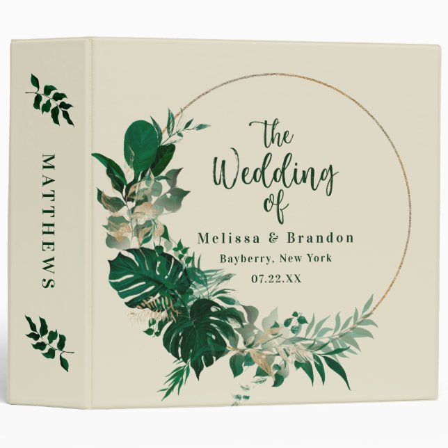 Tropical Foliage Circle Frame Wedding Photo Album 3 Ring Binder (Front/Spine)