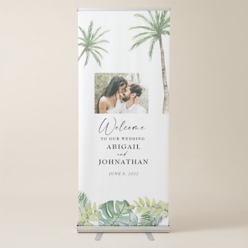 Tropical Foliage Couple Photo Wedding Welcome Retractable Banner