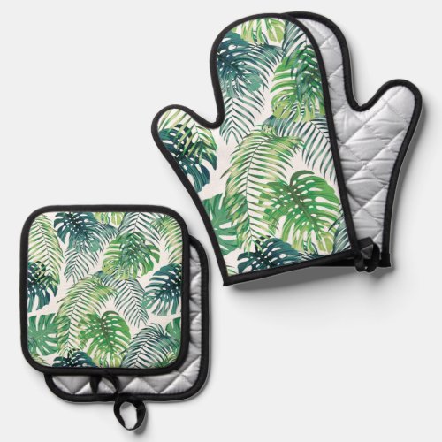 Tropical Foliage Design Oven Mitt  Pot Holder Set