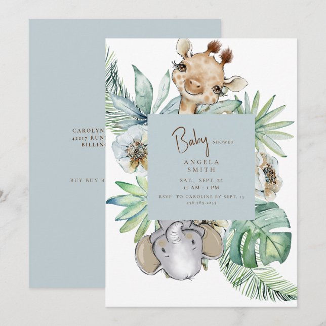 Tropical Foliage Dusty Blue Jungle Baby Shower Invitation (Front/Back)