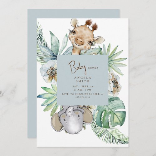 Tropical Foliage Dusty Blue Jungle Baby Shower Invitation