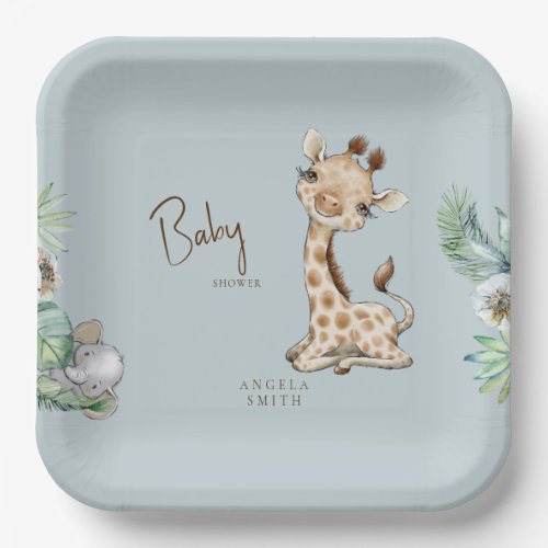 Tropical Foliage Dusty Blue Jungle Baby Shower Paper Plates