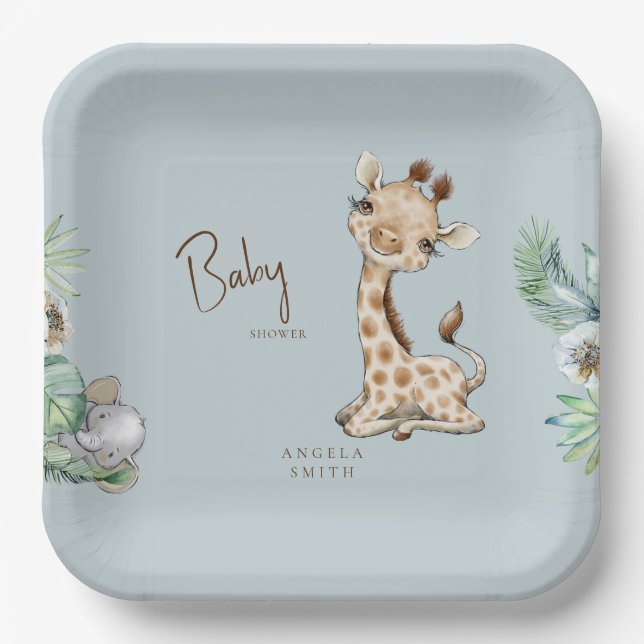 Tropical Foliage Dusty Blue Jungle Baby Shower Paper Plates (Front)