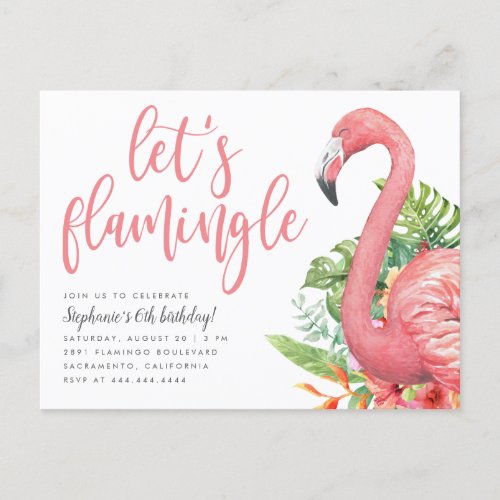 Tropical Foliage Flamingo Lets Flamingle Birthday Invitation Postcard