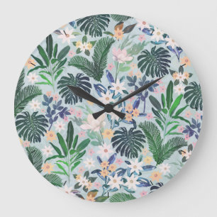 Tropical Foliage Floral Pattern Large Clock