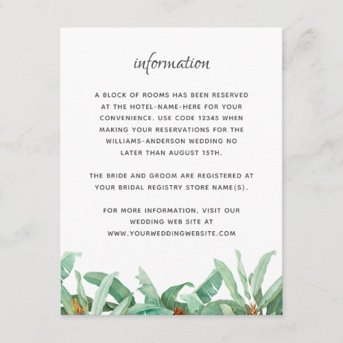 Tropical Foliage Floral Wedding Information Enclosure Card
