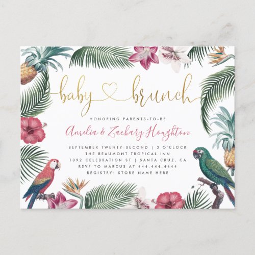 Tropical Foliage  Flowers Gold Baby Brunch Shower Invitation Postcard