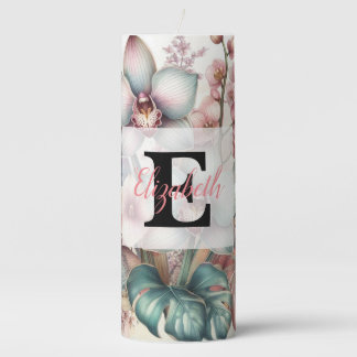 Tropical foliage flowers pastel colors watercolor pillar candle