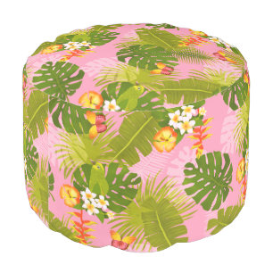 Tropical Foliage Garden Pink Round Pouf