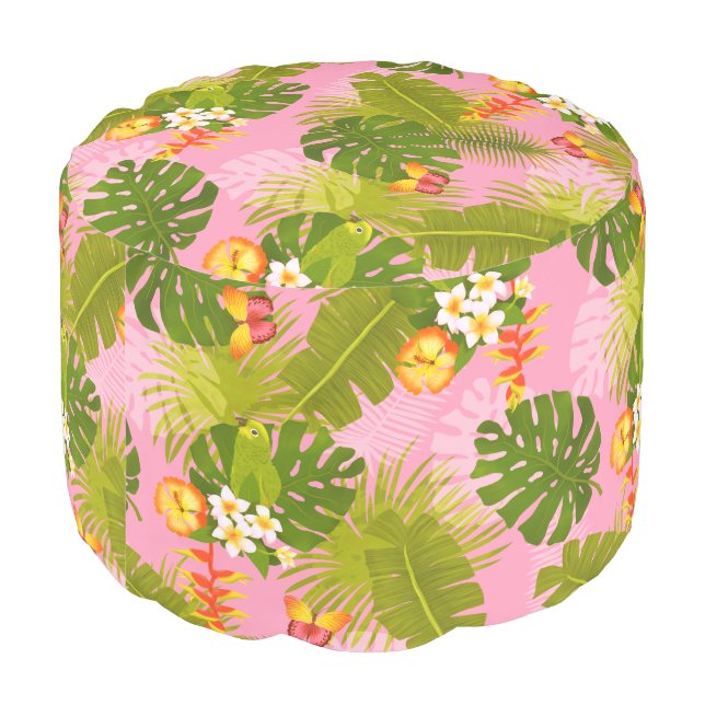 Tropical Foliage Garden Pink Round Pouf (Angled Back)