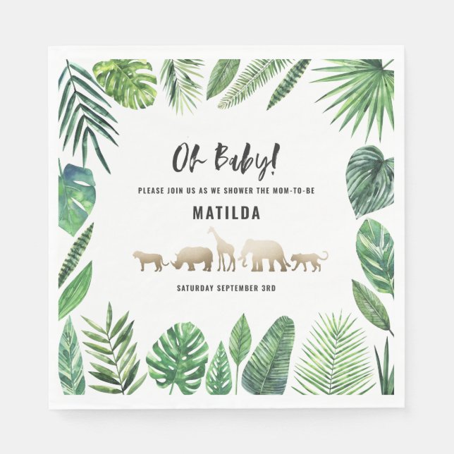 Tropical foliage + gold animals baby shower party napkins (Front)