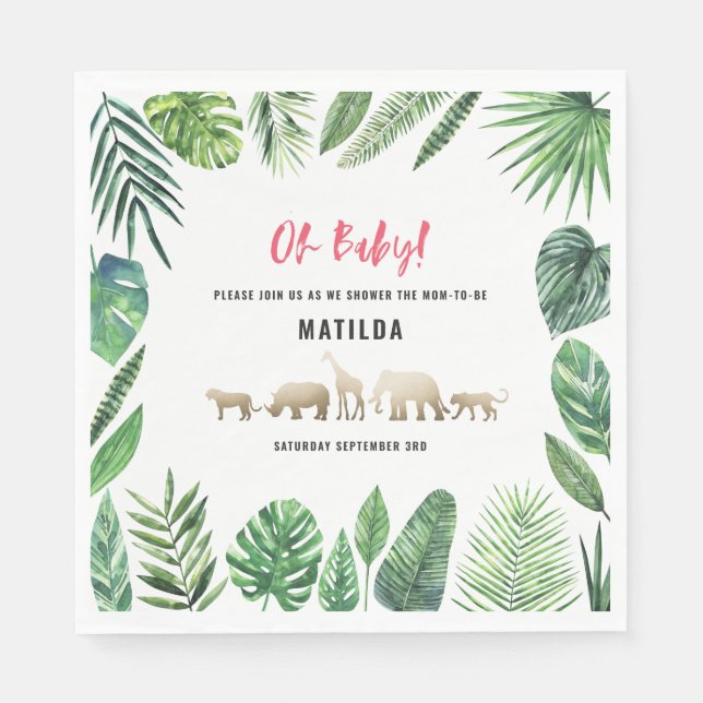 Tropical foliage + gold animals baby shower party napkins (Front)