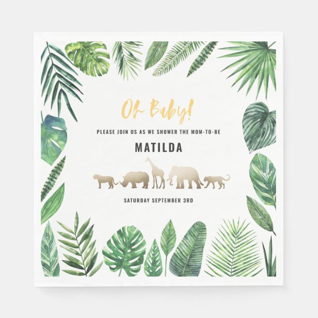 Tropical foliage + gold animals baby shower party napkins (Front)