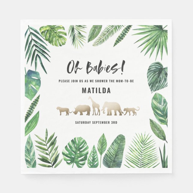 Tropical foliage + gold animals baby shower party napkins (Front)