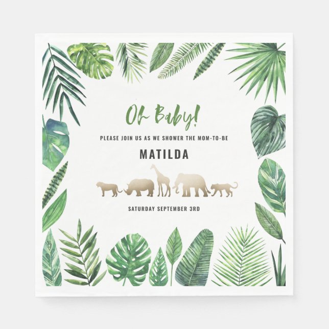 Tropical foliage + gold animals baby shower party napkins (Front)