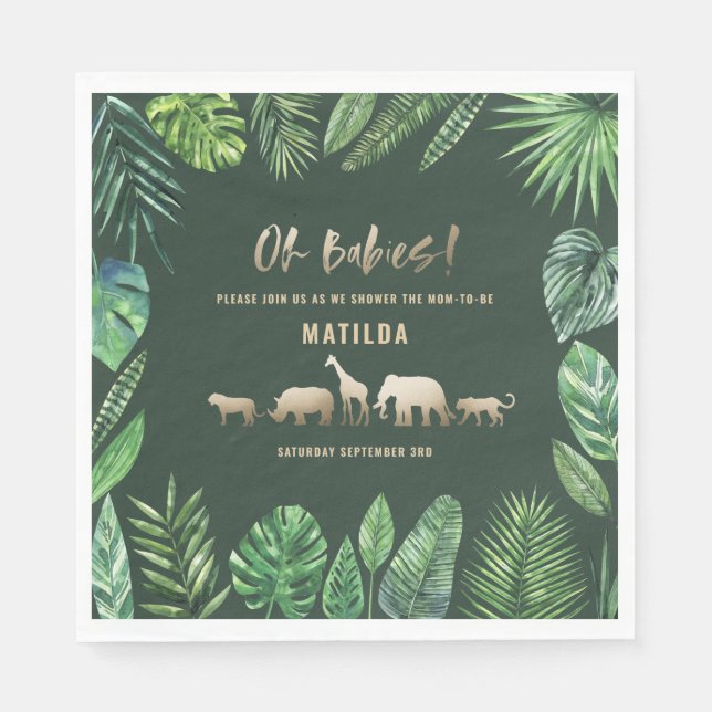 Tropical foliage + gold animals baby shower party napkins (Front)