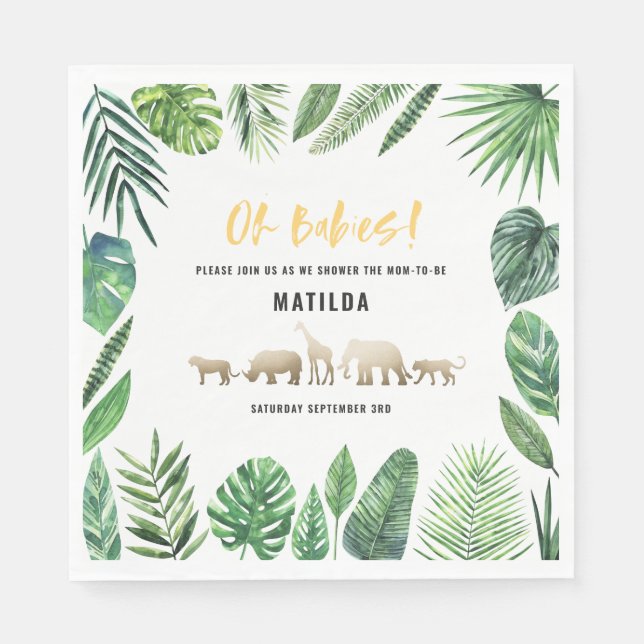 Tropical foliage + gold animals baby shower party napkins (Front)