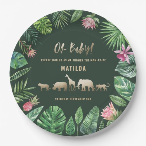 Tropical foliage  gold animals baby shower party paper plates