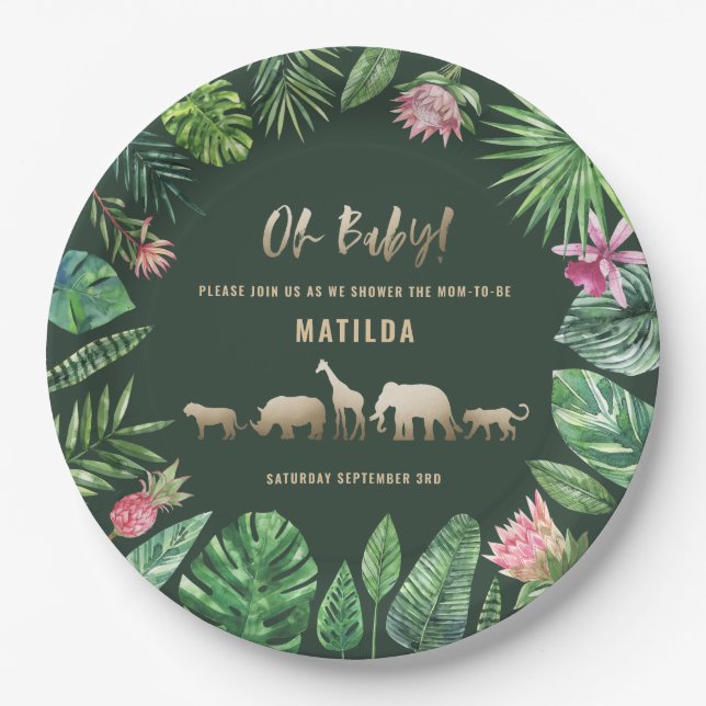Tropical foliage + gold animals baby shower party paper plates (Front)