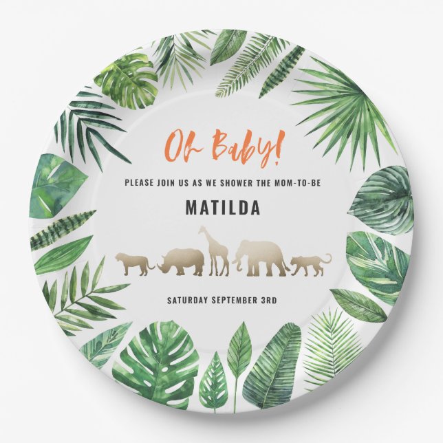 Tropical foliage + gold animals baby shower party paper plates (Front)