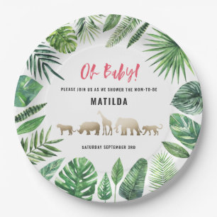 Tropical foliage + gold animals baby shower party paper plates