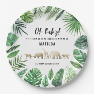 Tropical foliage + gold animals baby shower party paper plates