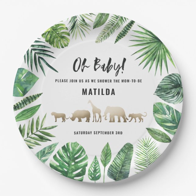 Tropical foliage + gold animals baby shower party paper plates (Front)