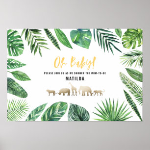 Tropical foliage + gold animals baby shower party poster