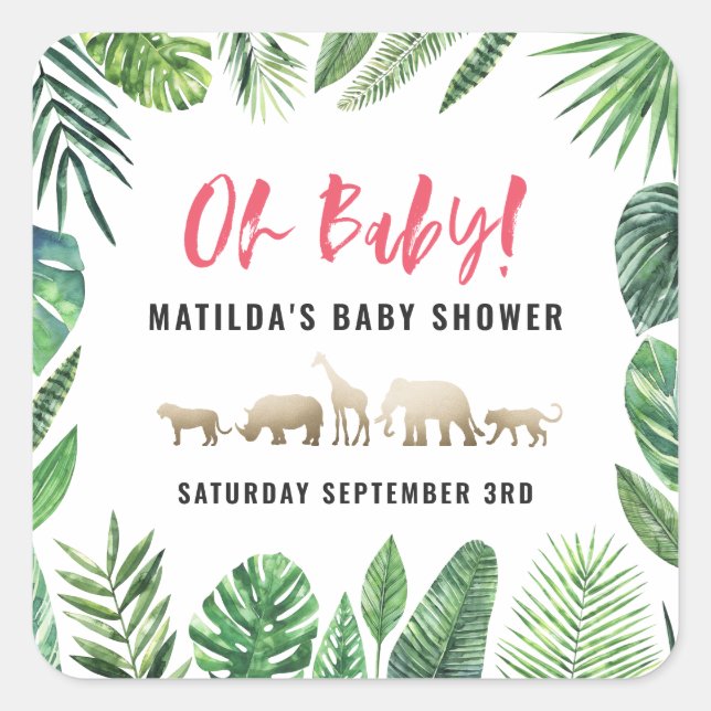 Tropical foliage + gold animals baby shower party square sticker (Front)