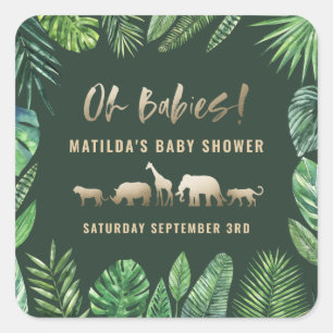 Tropical foliage + gold animals baby shower party square sticker