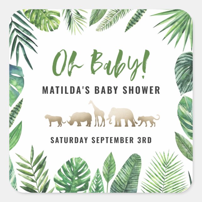 Tropical foliage + gold animals baby shower party square sticker (Front)