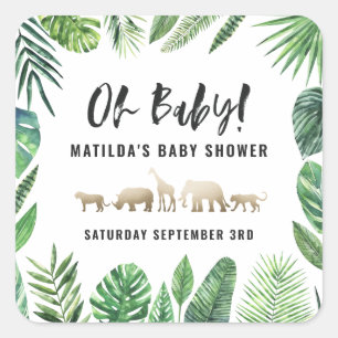 Tropical foliage + gold animals baby shower party square sticker