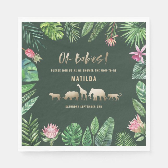 Tropical foliage + gold animals twin baby shower napkins (Front)
