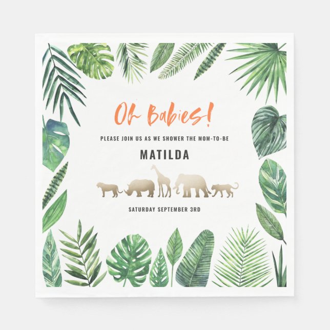 Tropical foliage + gold animals twin baby shower napkins (Front)