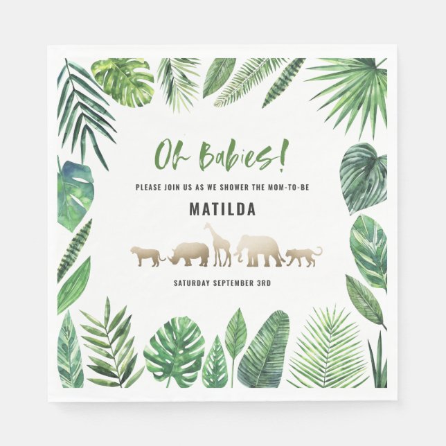 Tropical foliage + gold animals twin baby shower napkins (Front)