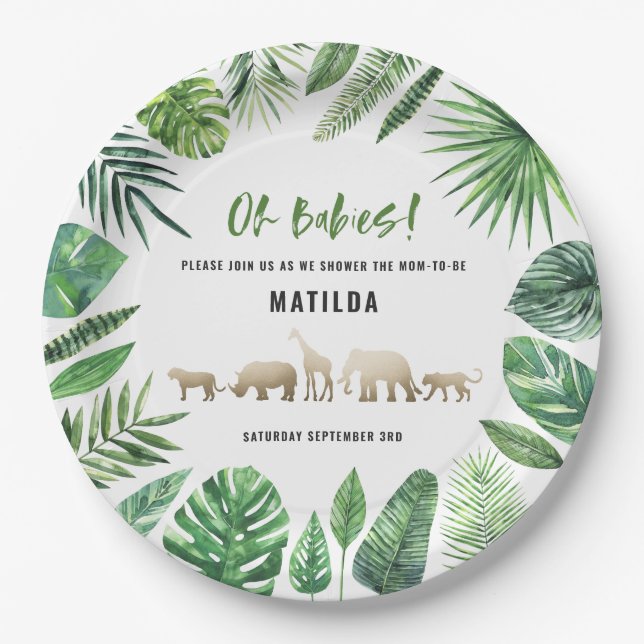 Tropical foliage + gold animals twin baby shower paper plates (Front)