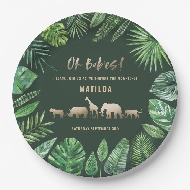 Tropical foliage + gold animals twin baby shower paper plates (Front)