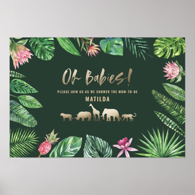 Tropical foliage + gold animals twin baby shower poster (Front)